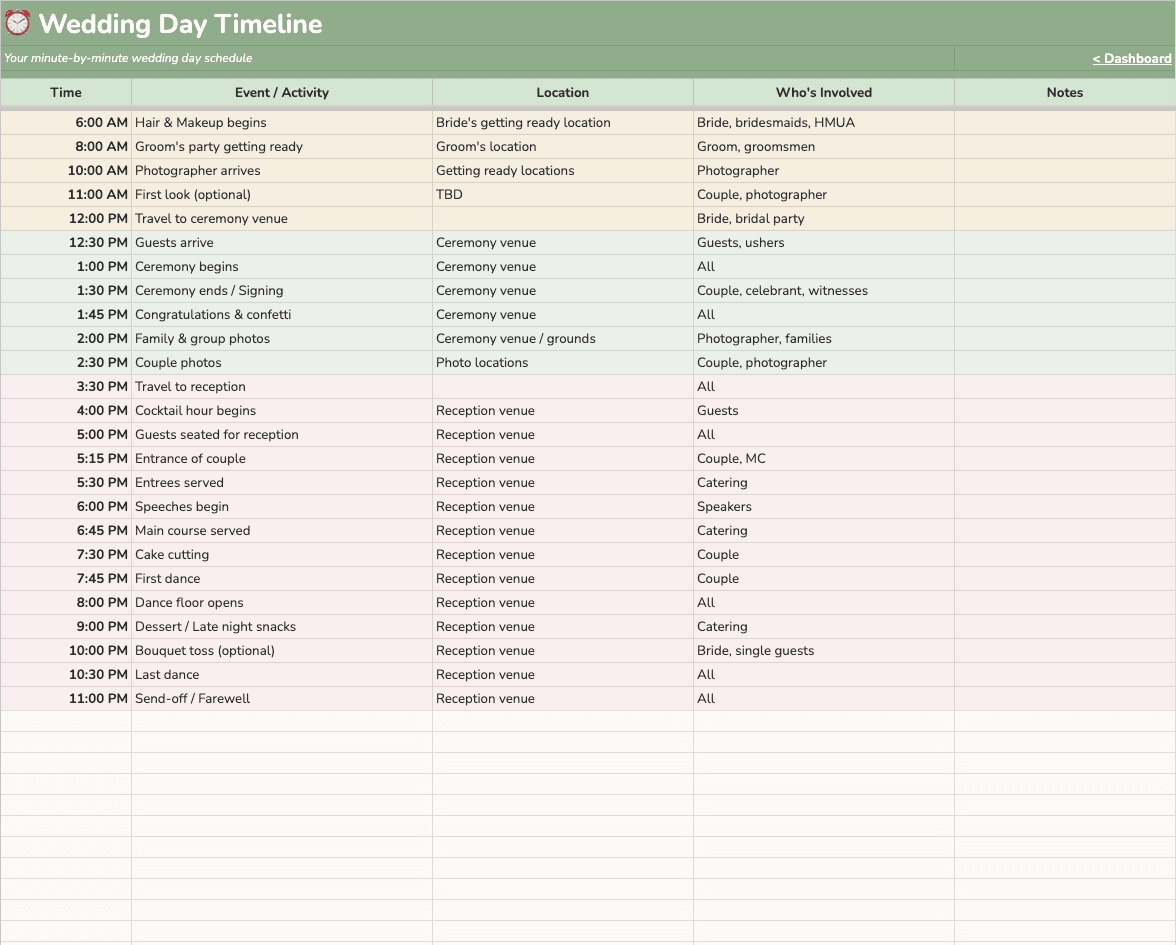 Wedding Day Timeline tab preview