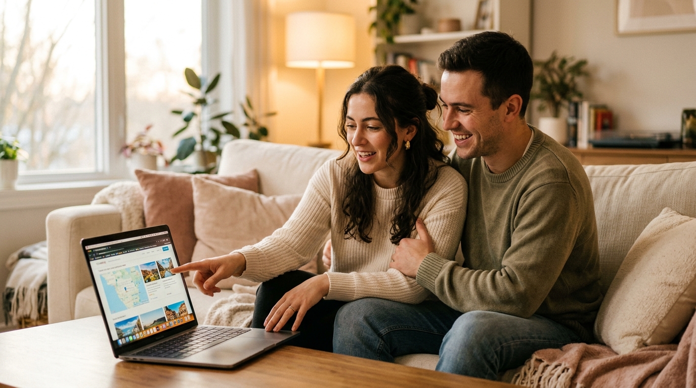 Couple planning their wedding together on a laptop