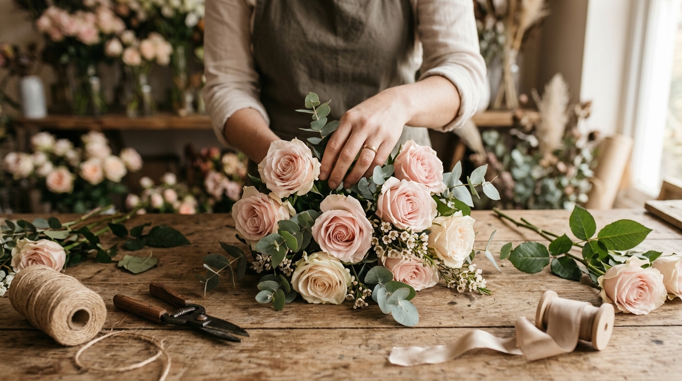 Wedding florist crafting arrangements