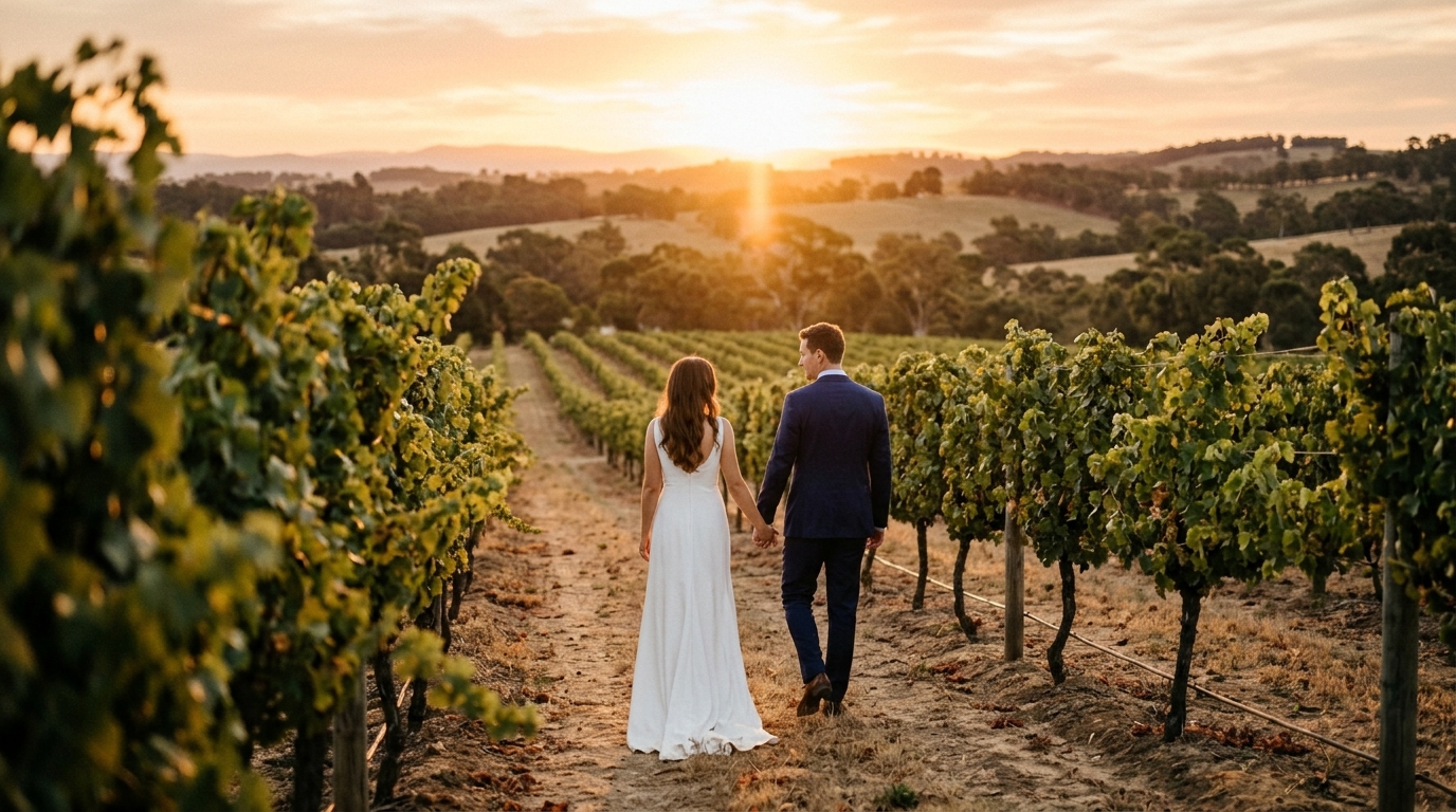 Couple walking through vineyard at sunset